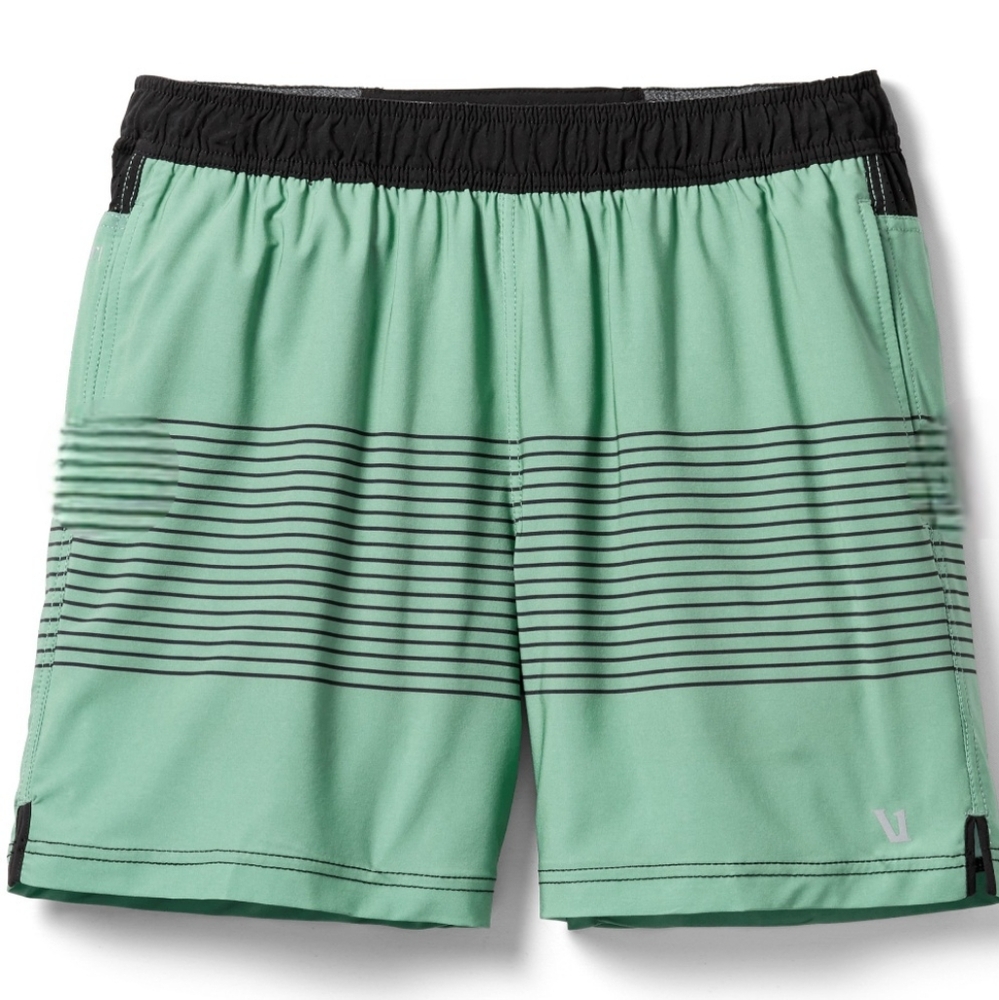 Vuori Mens Rush Running Shorts Aloe/Black Stripe Size XL Reflective CoolMax 5.5